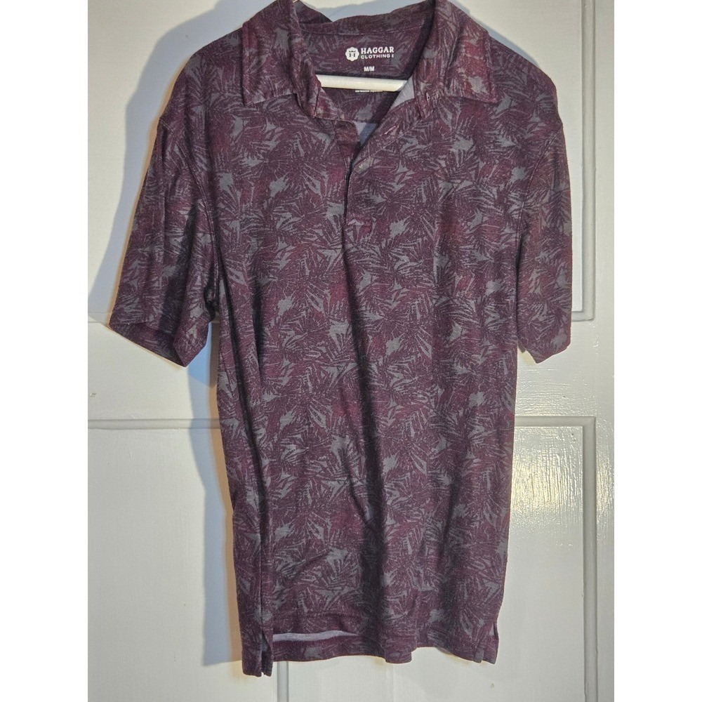 Haggar Mens Polo Shirt Medium Burgundy Grey Palm Tropical Short Sleeve Casual